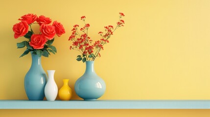 Red roses in blue vase by white shelf with decorative vases in vibrant room