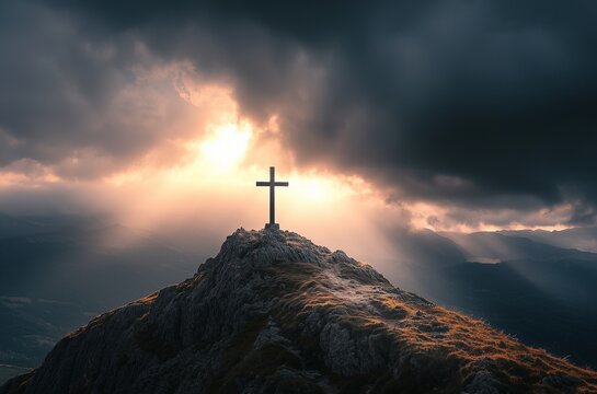 Hilltop cross with epic sunlight against a dramatic sky, sunbeams piercing through clouds