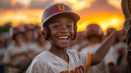 Little League baseball team celebrating after a game.  - Powered by Adobe