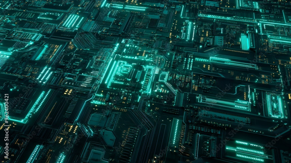 Poster abstract circuit board with glowing green lines and components.