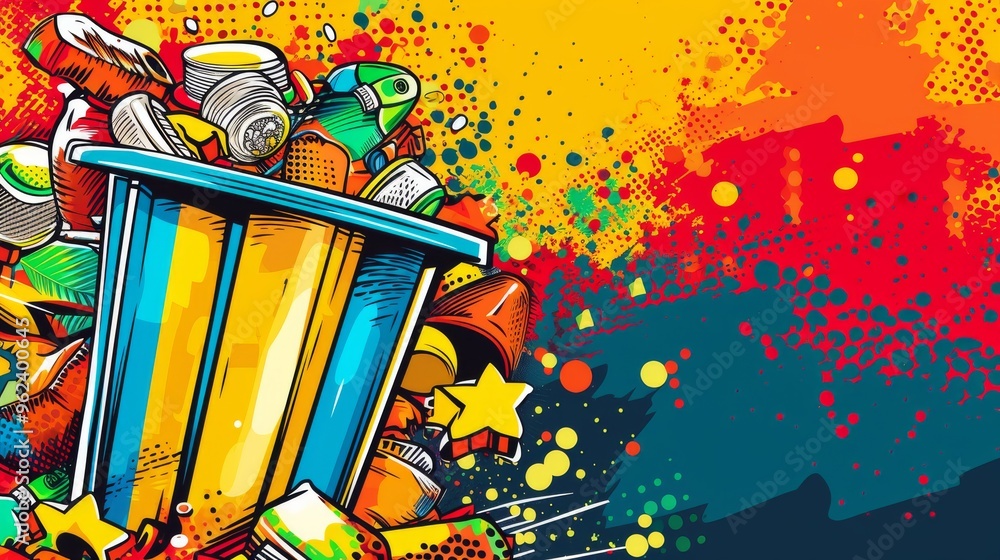 Poster a vibrant, abstract illustration featuring a stylized trash can overflowing with various objects aga