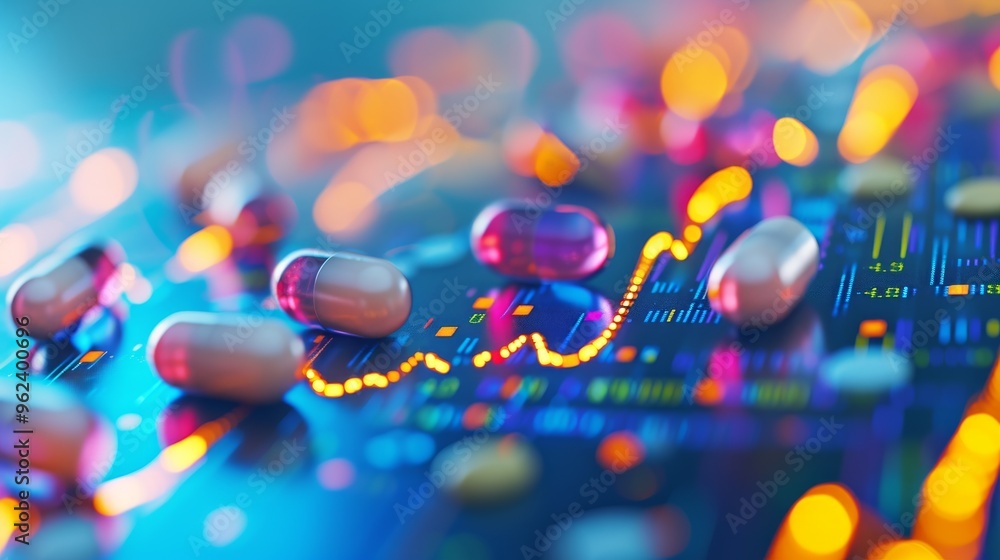 Poster various capsules lie on a digital chart with fluctuating lines and glowing data, representing the ev