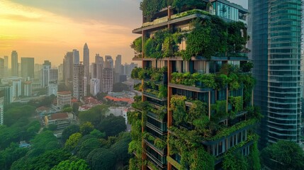 Obraz premium Vertical gardens enriching skyscrapers, vibrant greenery intertwining with urban architecture, promoting sustainability and enhancing city aesthetics, a fusion of nature and modernity