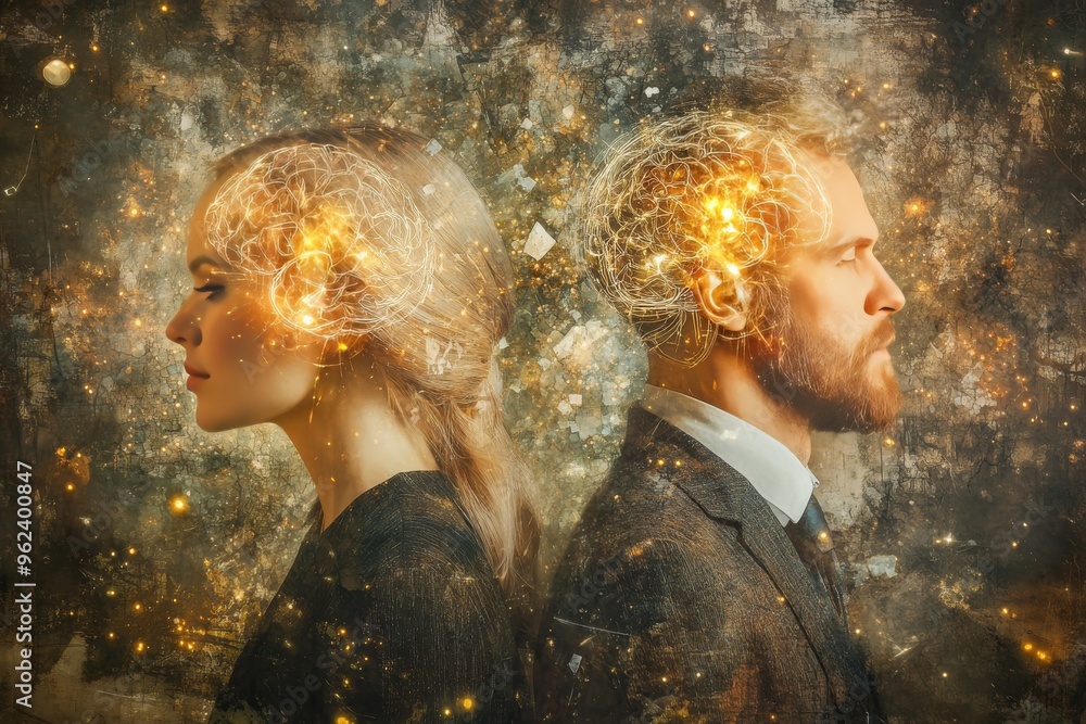 Poster neurocells neural cognition profile of a man with illuminated brain elements symbolizing the brillia