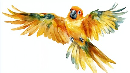 Watercolor painting of a yellow parrot with green and brown feathers. The parrot is flying with its wings spread.