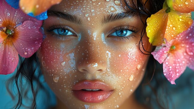 A close-up portrait of a beautiful woman with water droplets on her face, surrounded by colorful flowers.
