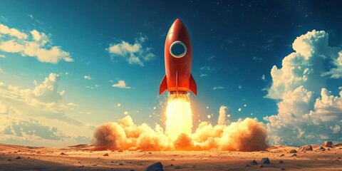 Obraz premium Dynamic Rocket Launch Against a Cloudy Sky