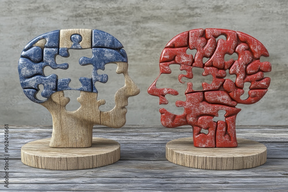 Poster brain architecture neural cognition sculptures of two heads with puzzle pieces symbolizing the compl