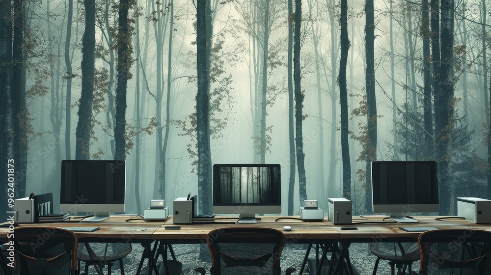Poster multiple computer workstations set up outdoors in a tranquil forest, blending technology with nature