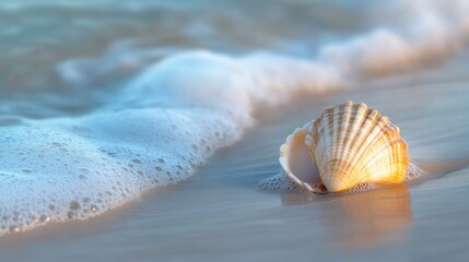 Fototapeta premium Shell of Serenity, a delicate shell cradled in soft sand, as gentle waves caress the shoreline, creating a tranquil atmosphere of nature's whispers.