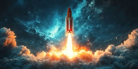 Dynamic Rocket Launch Against a Cloudy Sky