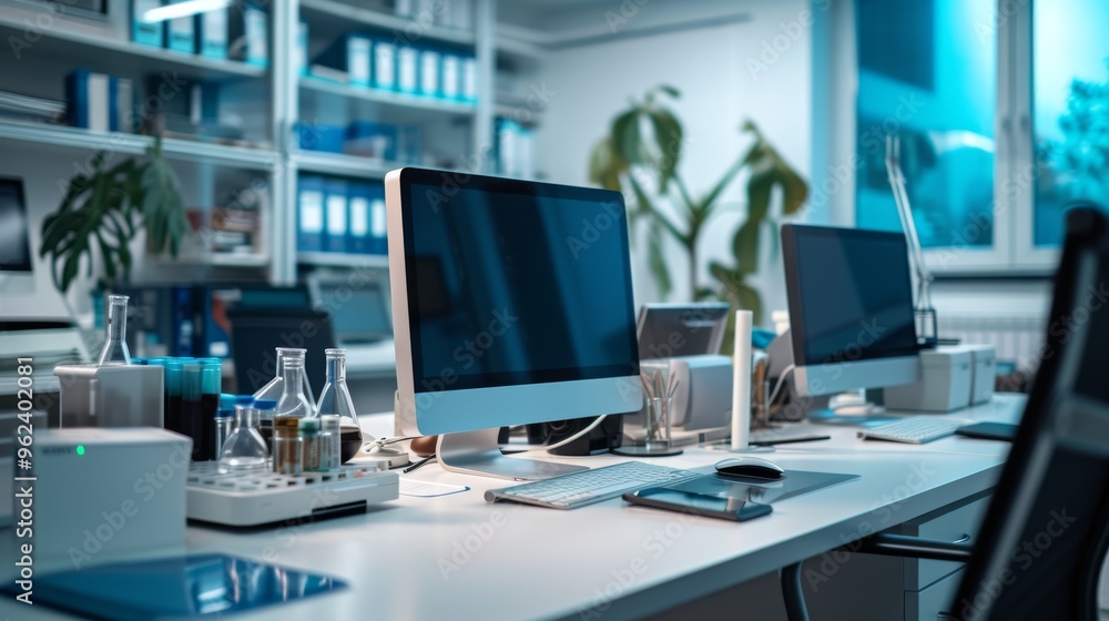 Poster a laboratory desk featuring computers and various scientific equipment. the well-organized and moder
