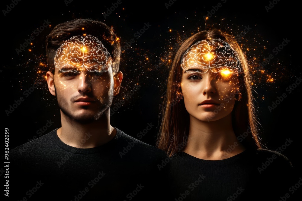 Poster memory center cerebral cortex portrait of a man and woman with illuminated brains symbolizing the co