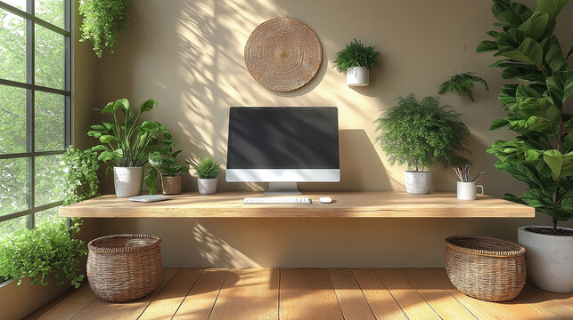 A pristine desk featuring a sleek, modern desktop computer with a blank screen, ideal for graphic design mockups, presentations, or showcasing portfolio and website designs