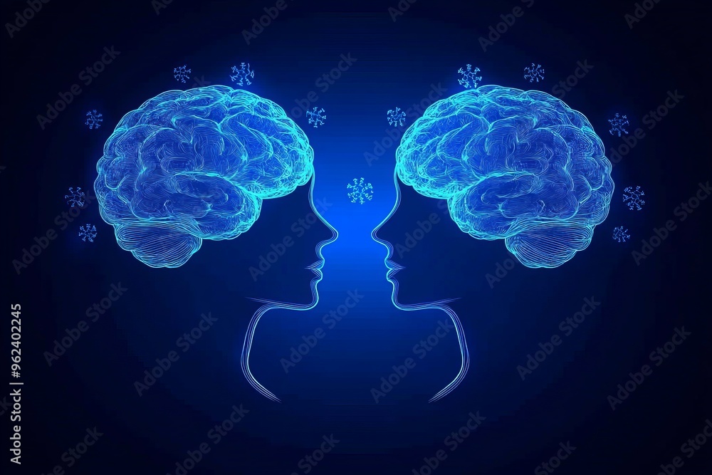 Poster brain connection cerebral cortex abstract blue illustration of two brains facing each other symboliz
