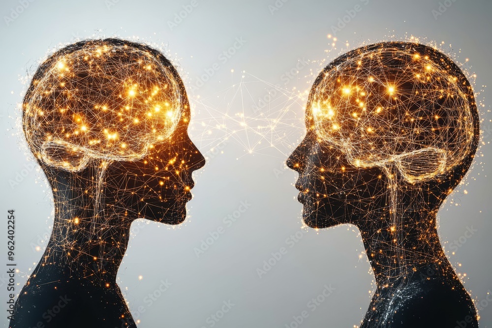 Poster cognitive hub cerebral cortex digital illustration of two human heads with glowing neural connection