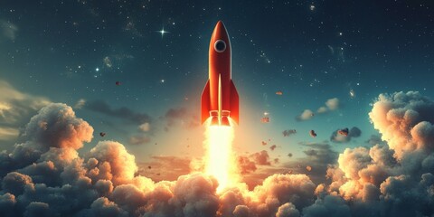 Fototapeta premium Dynamic Rocket Launch Against a Cloudy Sky