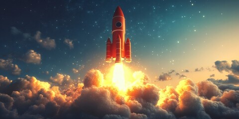 Obraz premium Dynamic Rocket Launch Against a Cloudy Sky