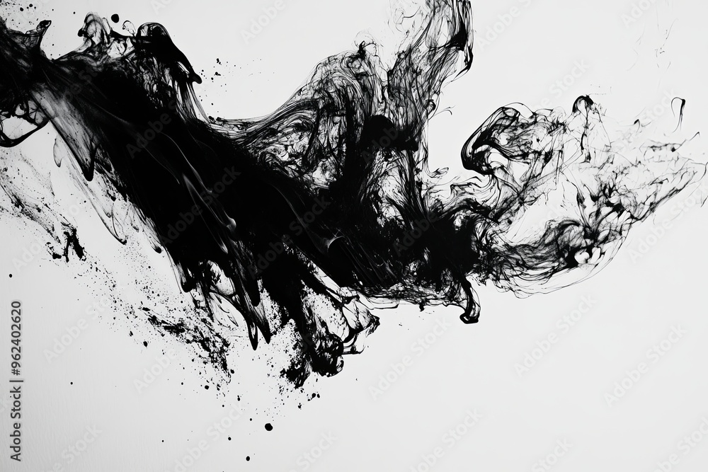 Poster artistic display of black ink swirling on a white canvas creating dynamic abstract patterns in a cre