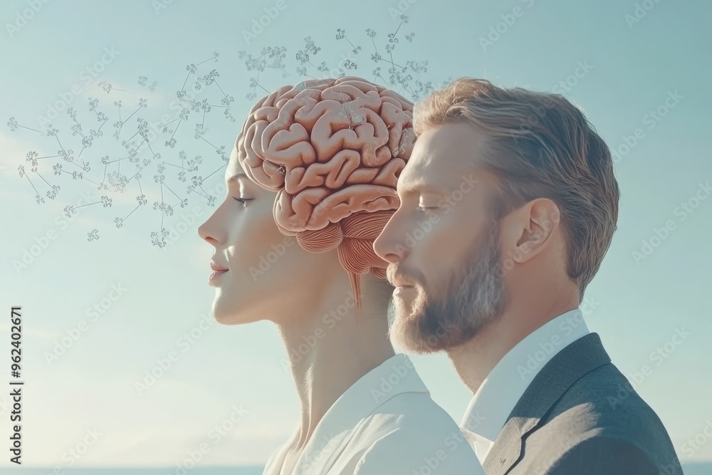 Poster thought center cerebral cortex couple with digital brain patterns symbolizing the integration of hum