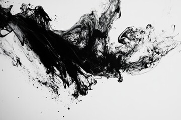 Artistic display of black ink swirling on a white canvas creating dynamic abstract patterns in a creative workspace. Generative AI