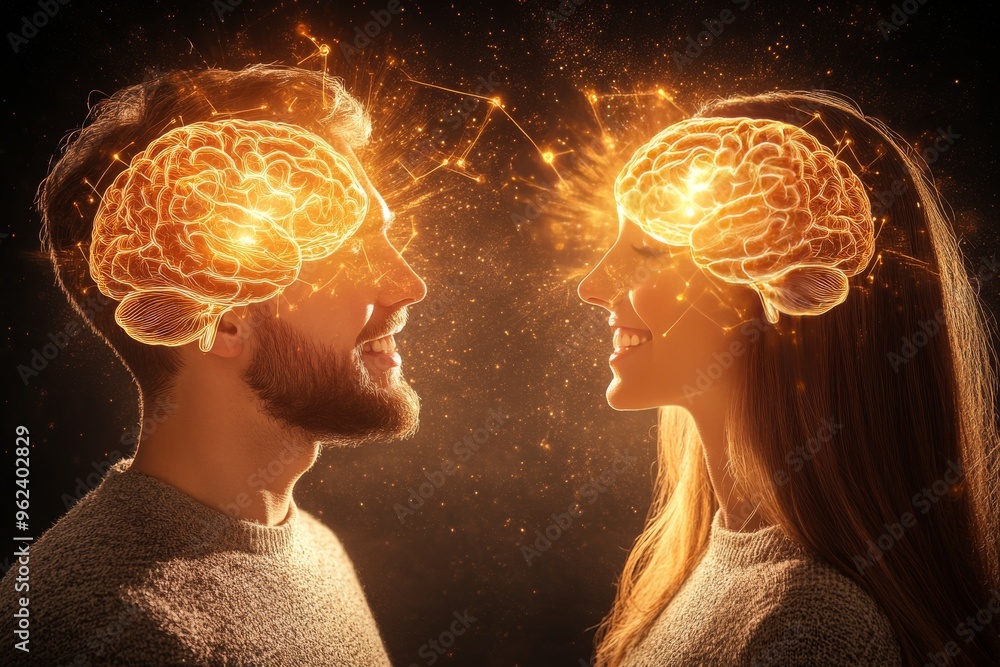 Poster brain capacity cerebral cortex profiles of two people with golden brain connections representing sha