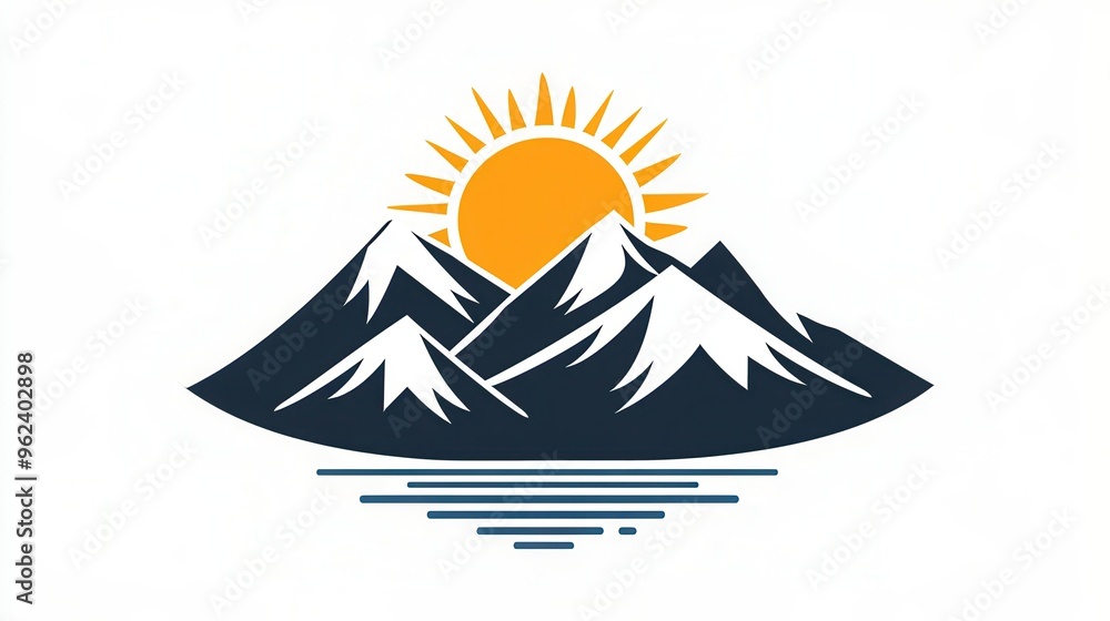 Poster This minimalist logo showcases snow-capped mountains illuminated by a bright sun rising behind them at dawn, evoking serenity. Generative AI