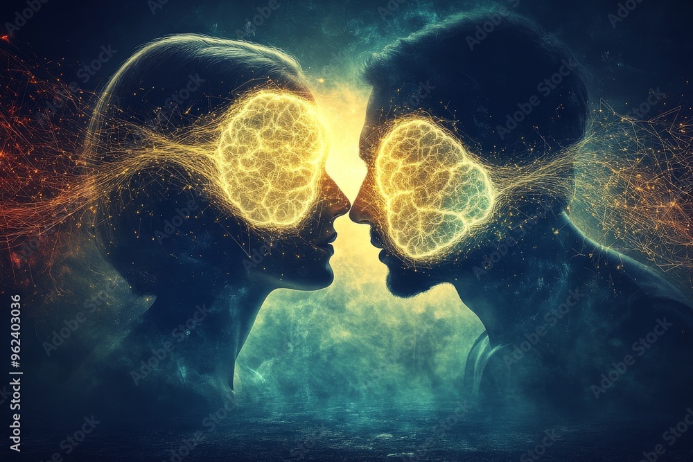 Poster brain framework cerebral cortex abstract illustration of two glowing brains symbolizing the electric