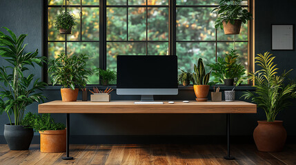 A pristine desk featuring a sleek, modern desktop computer with a blank screen, ideal for graphic design mockups, presentations, or showcasing portfolio and website designs