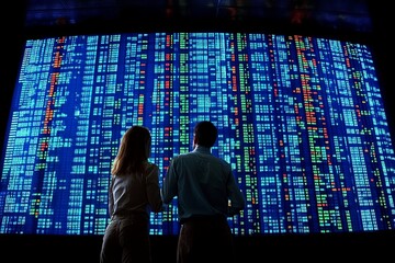 Individuals analyzing data displayed on a large screen in a modern corporate office during a business meeting. Generative AI