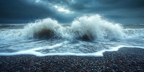 Fototapeta premium Two Large Waves Crashing on a Rocky Beach Under a Cloudy Sky