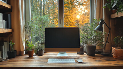 A pristine desk featuring a sleek, modern desktop computer with a blank screen, ideal for graphic design mockups, presentations, or showcasing portfolio and website designs