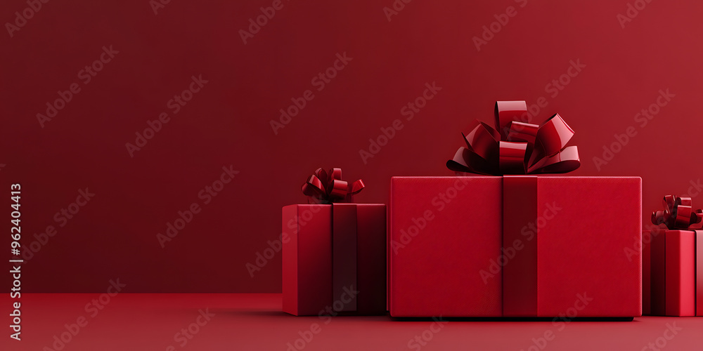 Poster minimal product background for christmas, new year and sale event concept. red gift box with red rib