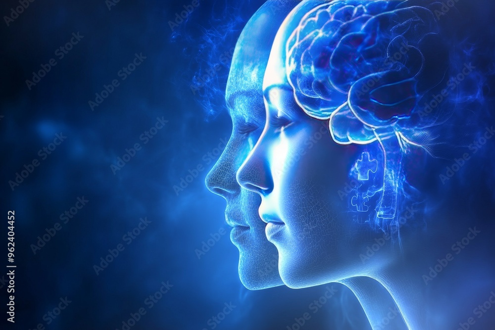 Poster cognitive center cognitive brain dual silhouettes with glowing blue brains symbolizing the synchroni