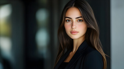 Fototapeta premium Youthful Woman in Sleek Black Blazer Headshot Beauty