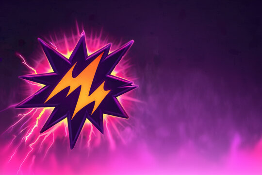 Explosion &eacute;lectrique stylis&eacute;e sur fond violet avec &eacute;clair lumineux dans une bulle style BD pop art , symbole de puissance et d'&eacute;nergie vibrante espace n&eacute;gatif copyspace