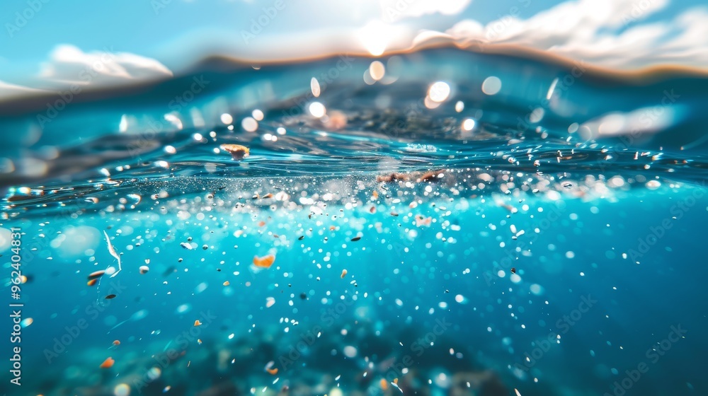 Poster underwater perspective showcasing the sparkling water surface with sunlight streaming through. float