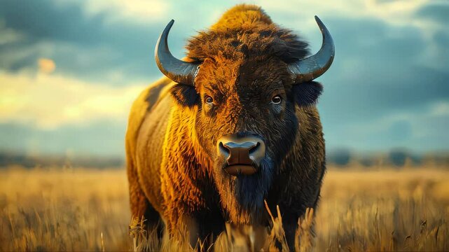 Majestic bison standing proud in a golden field, staring intensely at the viewer, surrounded by warm tones of a setting sun