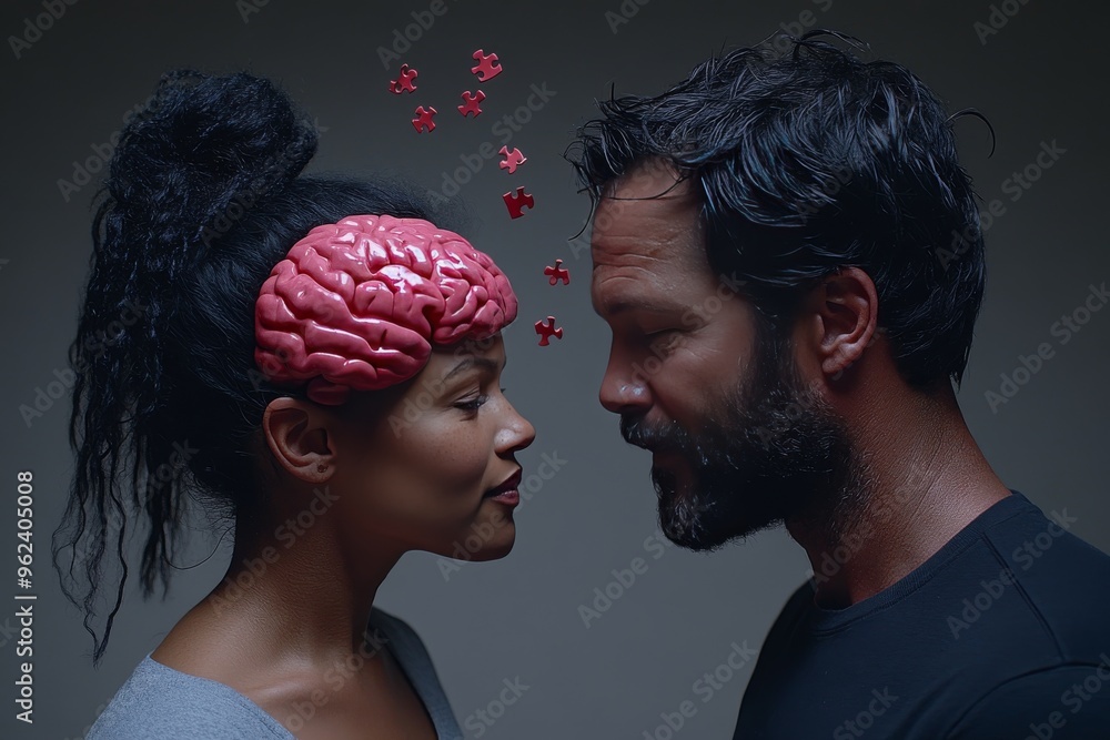 Poster brain framework cognitive brain profile of a woman and man with glowing brain elements representing 
