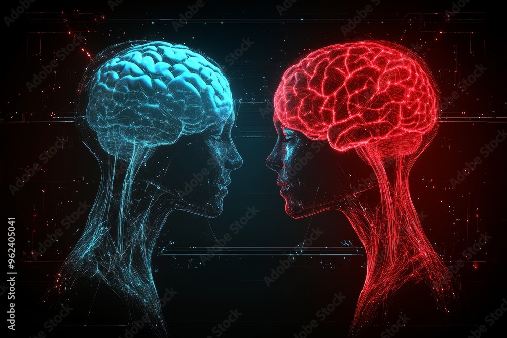Poster neural framework cognitive brain neon blue and red digital illustration of two heads facing each oth
