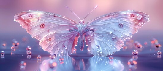 Fototapeta premium Enchanting glowing butterfly hovering over a serene reflective body of water in a dreamlike ethereal landscape of vibrant iridescent hues and sparkling light A captivating