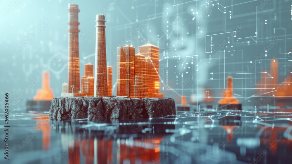 Poster a futuristic industrial city rises on floating islands, with intricate buildings and towering struct