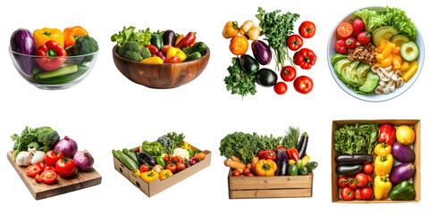 Vegetable png collection in 3d transparent in the bowl and box for product presentation.