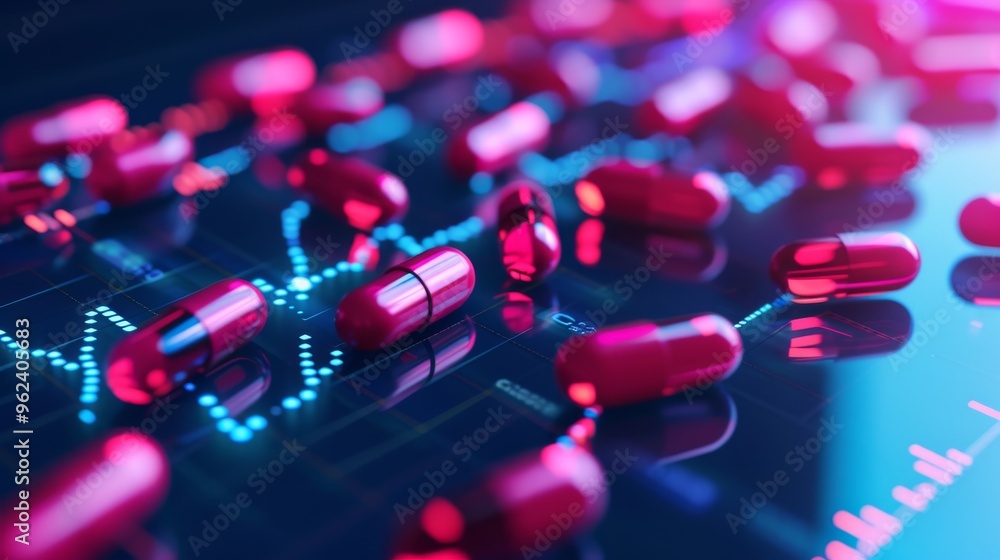 Poster red capsules are strewn across a digital financial chart with glowing data points, symbolizing the i