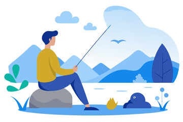 Serene Lake Fishing Silhouette Vector Peaceful Fisherman by Tranquil Waters