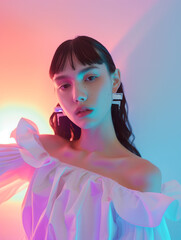 Futuristic portrait of a pretty slavic model posing a neon light