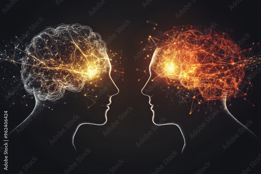 Poster cognitive center cerebral function silhouettes of two heads with glowing brain patterns representing