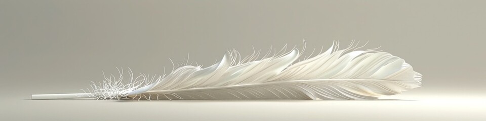Obraz premium Closeup view of a single soft wispy white feather gently floating and suspended in a clean serene and minimalist studio setting The feather appears to be hovering and drifting in a peaceful tranquil