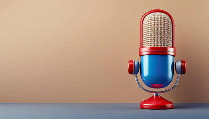 Retro-style microphone with a red, blue, and beige body, featuring a rounded metallic mesh head and a circular base. The microphone is on a beige background and blue surface. Copy space on the left