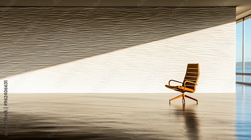 Poster a single chair sits in a large room with a textured wall and a window view of the ocean.